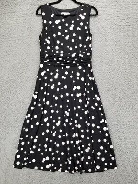 Laura Jeffries Dress Womens 10 Black Polka Dot Sleeveless Ruched Waist Midi